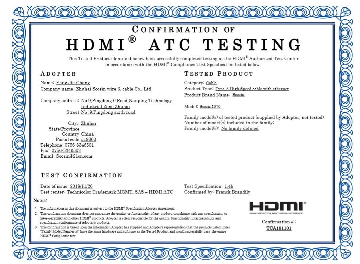 Zhuhai Scosin Wire & Cable Co., Ltd. HDMI Cable