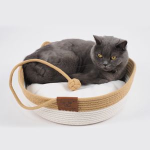 Cotton Rope Woven Cat Bed Handmade Small Dog Cat Sleeping Nest with Toy Tail Kitten Shaped Breathable Natural Cat Basket