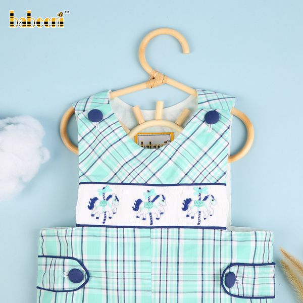 Cute smocked merry-go-round mint navy plaid boy shortalls ODM OEM wholesale smocked children clothing set boys clothing - BB2014