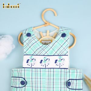 Cute smocked merry-go-round mint navy plaid boy shortalls ODM OEM wholesale smocked children clothing set boys clothing - BB2014