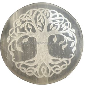 AAA Best Gift Hot Selling 3-Inch Natural Engraved Selenite Charging Plate Life Tree Symbol Crystal Crafts Best Stone Theme India