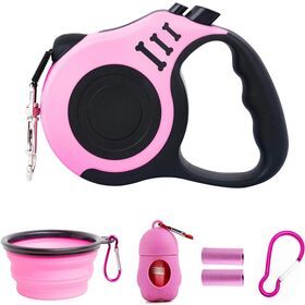Retractable Dog Leash Lightweight 16FT Leash, with Folding Bowl, Dispenser, Waste Bags, for Small Medium Dogs(Pink)