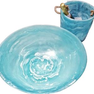 Handcrafted resinsalad bowl with marble effect and aqua swirl pattern the shape is round rectangular  used in home and hotel