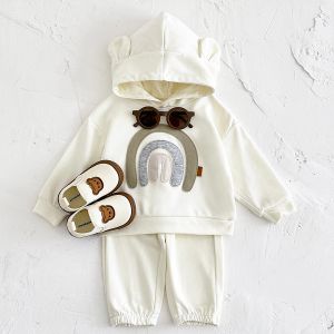 Autumn Newborn Rabbit Ear Hooded Long Sleeve Hoodie Clothes Set Infant Baby Rainbow Clothing