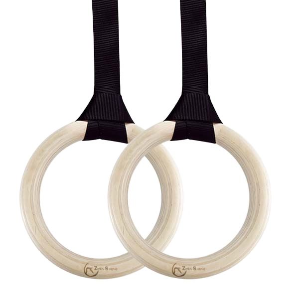 Zhensheng Exercise Equipment Fitness Home Gym Custom laser logo Gymnastic wood Rings with Straps