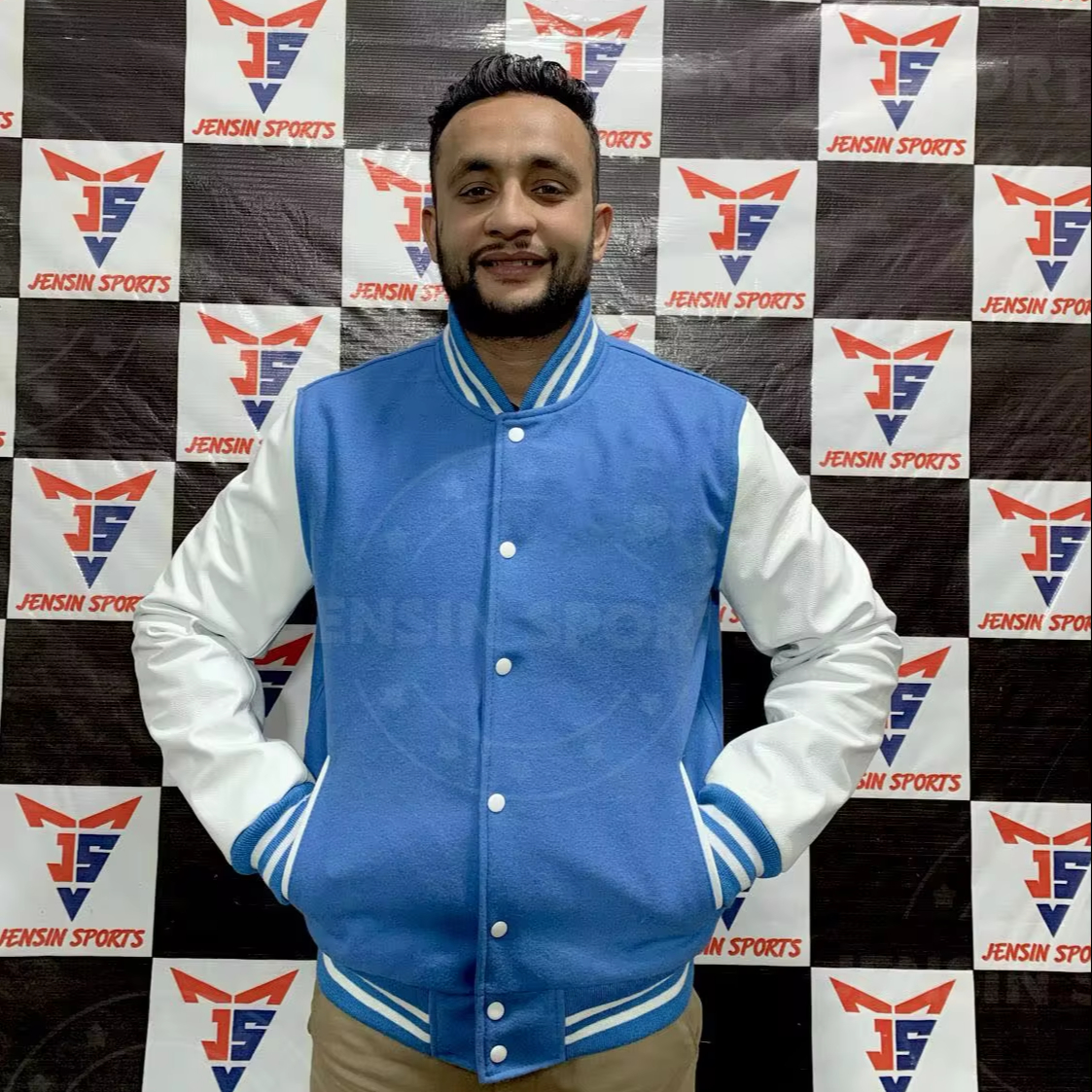 JENSIN SPORTS WEAR Custom Logo Wool Chenille Embroidery Baseball Letterman Jackets Men Blue and White Leather Sleeve Varsity Jacket