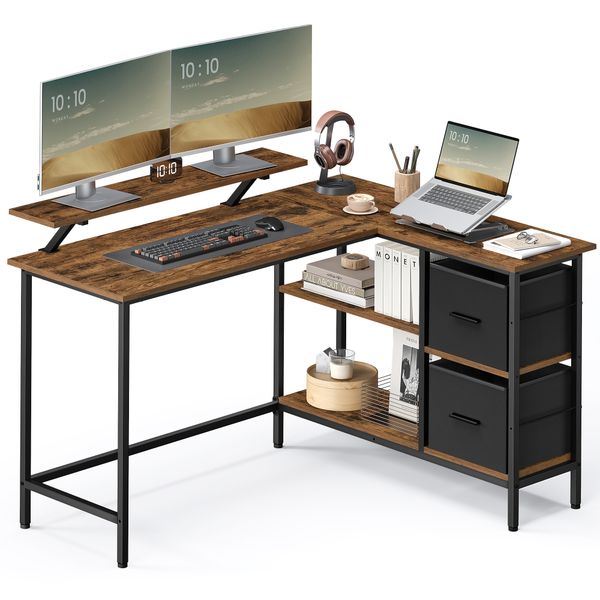 VASAGLE L Shaped Gaming Desk  with Led Lights and 2 Drawers Computer Desk with Power Outlet Monitor Stand