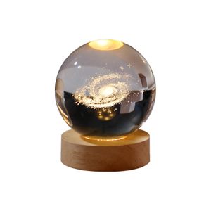 Creative Desktop Night Light with Crystal Ball Galaxy Glowing Design Wooden Base Acrylic Material Gift