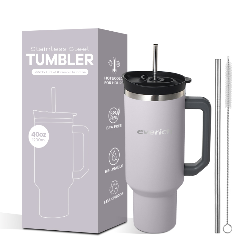 Everich And Tomic Housewares Co., Ltd. Everich 40oz Double Wall Stainless Steel Insulated Beer Tumbler with New Lids Straw Camping Travel Metal Construction Tumbler