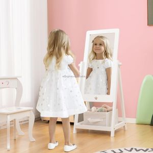 Kids Full Length Tempered glass Mirror, Freestanding Wooden Mirror with Bottom Shelf