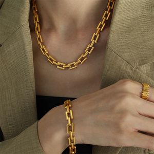 Stainless Steel Jewelry Set Gold Plated Fashion Necklace Bracelet Set Rectangular Link Watch Chain Stainless Steel  Bracelets