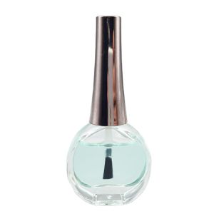 Empty 12ml clear glass flat round nail polish bottle with fancy long nail polish cap and flat brush