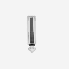 WS Harderson black recycled plastic cosmetic packaging w/ peach heart scepter acrylics decoration & clear cap in SQ for lipstick