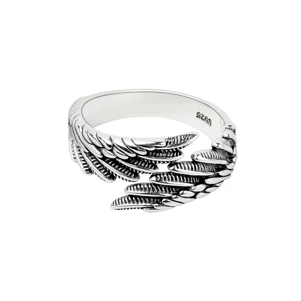 Women's Simple Fashion Thai Silver Jewelry Temperament Advanced Sense Ring European and American Retro Old Feather Ring