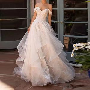 Off-the-shoulder European and American graceful Mori beach multi-layer dreamy elegant bridal tail dress wedding dress