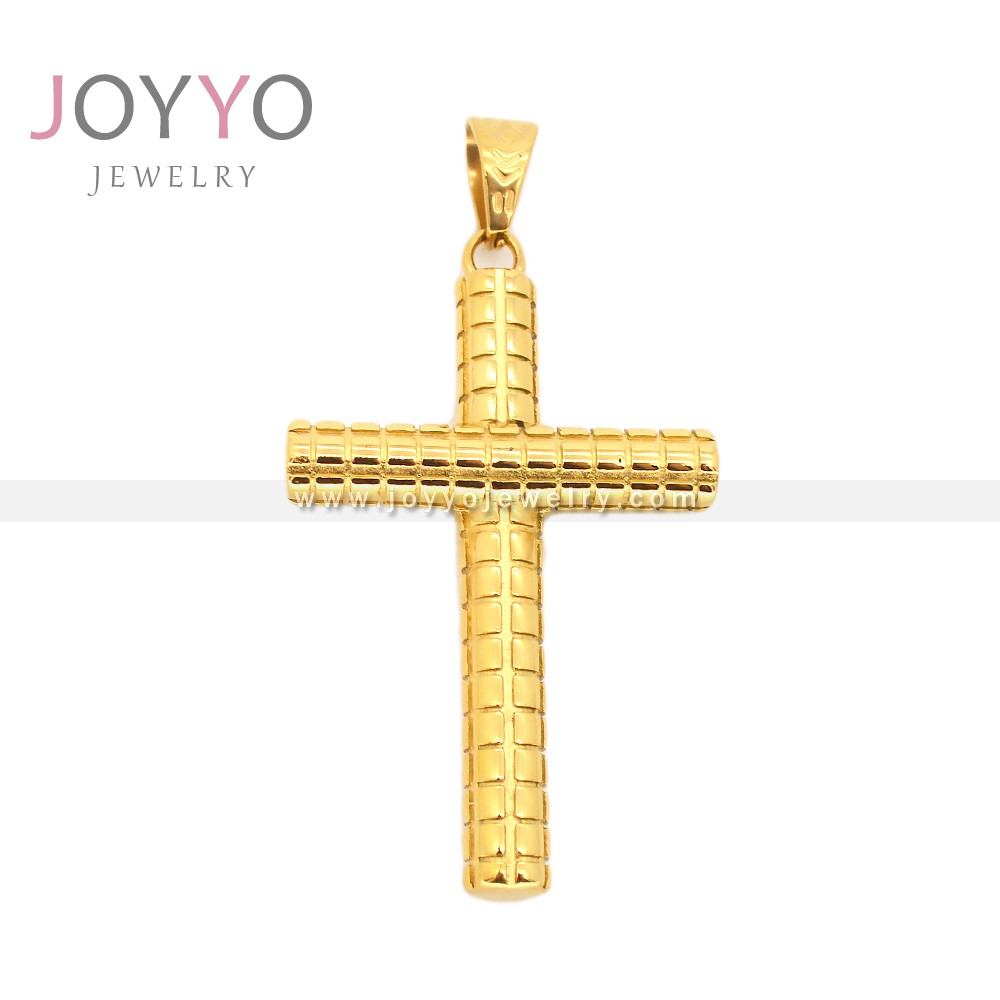 Gold Religious Round Tube Cross Pendant Simple Grooved Tyre Stainless Steel Cross Jewelry 24K Plating Faith Hope Jewelry