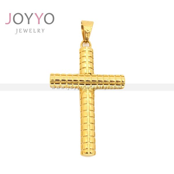 Gold Religious Round Tube Cross Pendant Simple Grooved Tyre Stainless Steel Cross Jewelry 24K Plating Faith Hope Jewelry