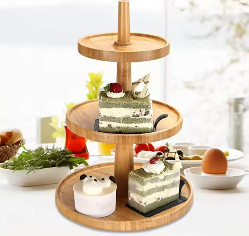Nanjing Aleya Trading Co.,Ltd Wholesale Bambo 3-Tier Cake Dessert Stand for Wedding,Cake Snack Scones Cracker Fruits Appetizers Pastry Tiered Platters Tray