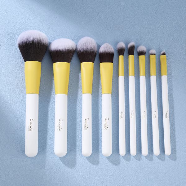 GRACEDO 9pcs white wood handle yellow tube double color synthetic hair new beauty makeup tool makeup brush set