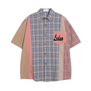 Wholesale Top Quality Plaid Patchwork Shirt Custom Lapel Button Up Shirttrendy College Style Casual Short Sleeved Shirt For Men