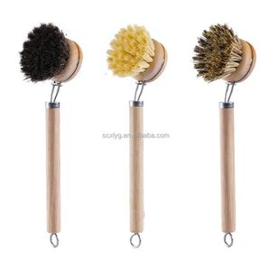XL Long Handle Dishwashing Wooden Dish Scrub Brushes Natural Bristles Kitchen Pot Cleaning Scrubber Tools with Replaceable Head