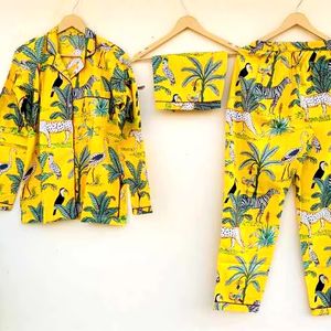 Radhika Hand Block Blue Jungle Print Women's Night Dress 100% Cotton Pajamas Set With Shorts Comfortable To Sleep Set Of 3 Pic