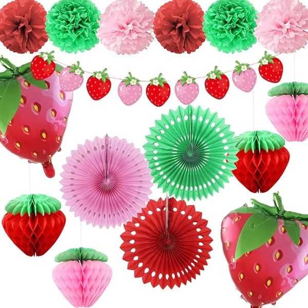 Fruit Party Strawberry Honeycomb Balls Garland Tissue Pom Pom Fans Foil Balloons Theme Decorations for Birthday Party Supplies