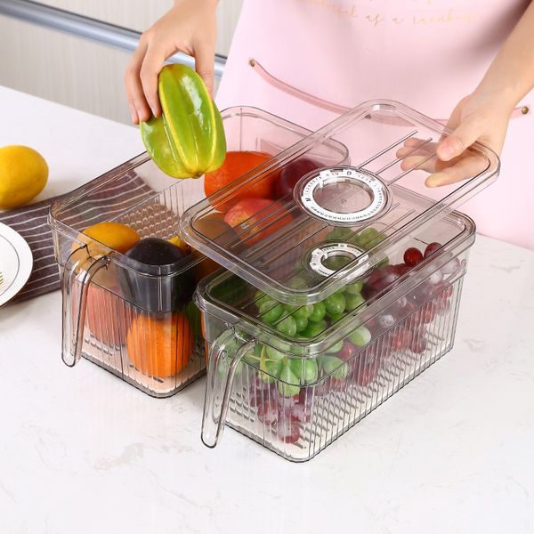 Fridge fruit food fresh stackable storage container clear kitchen plastic refrigerator organizer with timer