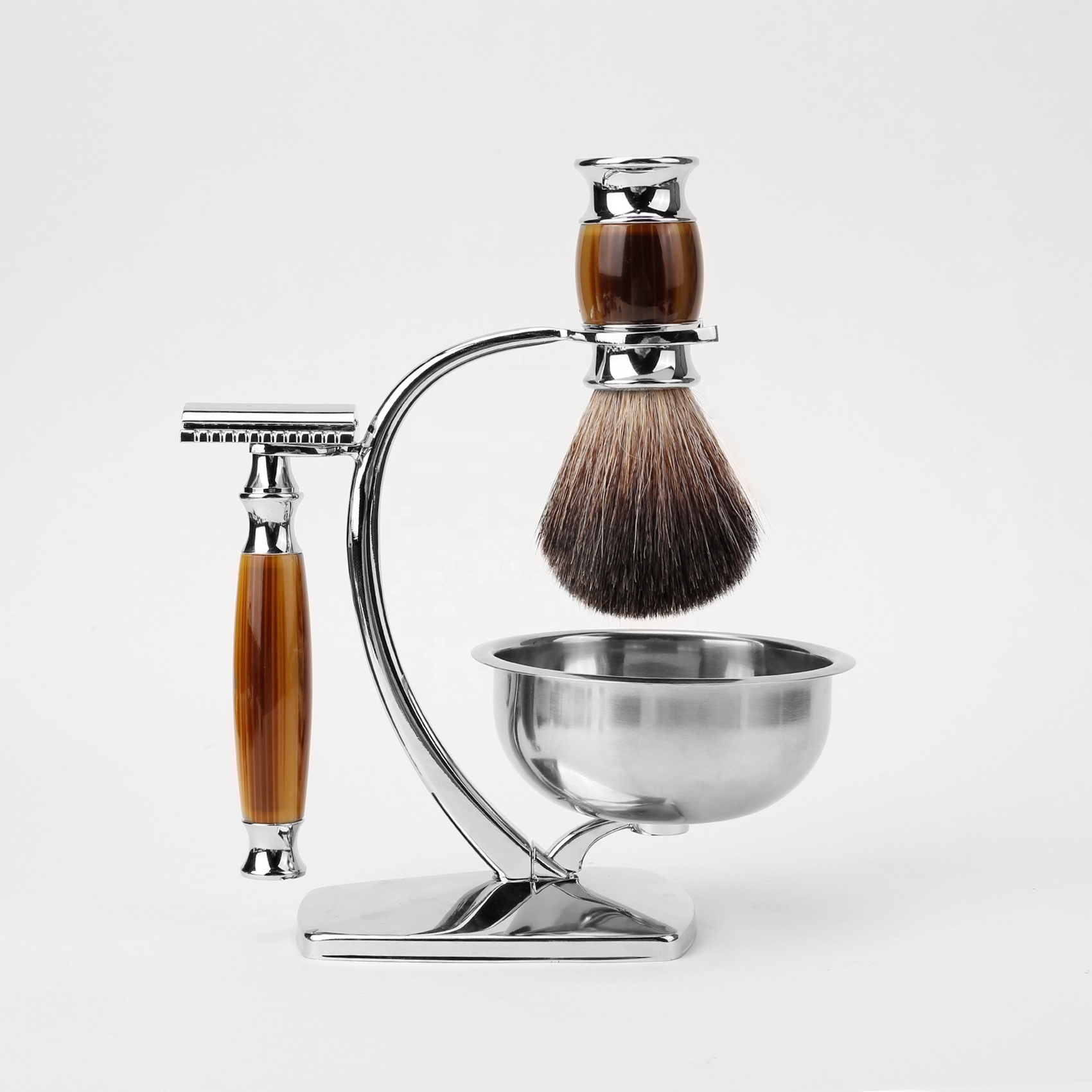 Traders collection Amazon Hot Selling Deluxe Shaving Brush Kits Hair Knot Double Edge Safety Razor Zinc Alloy Stand Brown