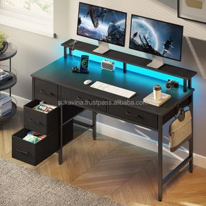 Modern Rectangle Metal Office Desk with Drawers & RGB LED Monitor Shelf Gaming & Office Furniture with Stylish Design