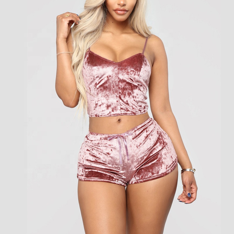 New arrival luxury velvet 2 piece pajama set cute sweet style velvet pajama set sling short slim pajama set for woman