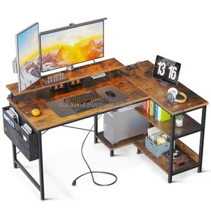 Modern Rectangle L-Shape Gaming Desk with Built-Outlets Computer Desk Monitor Stand Stylish Metal Design for Office Furniture