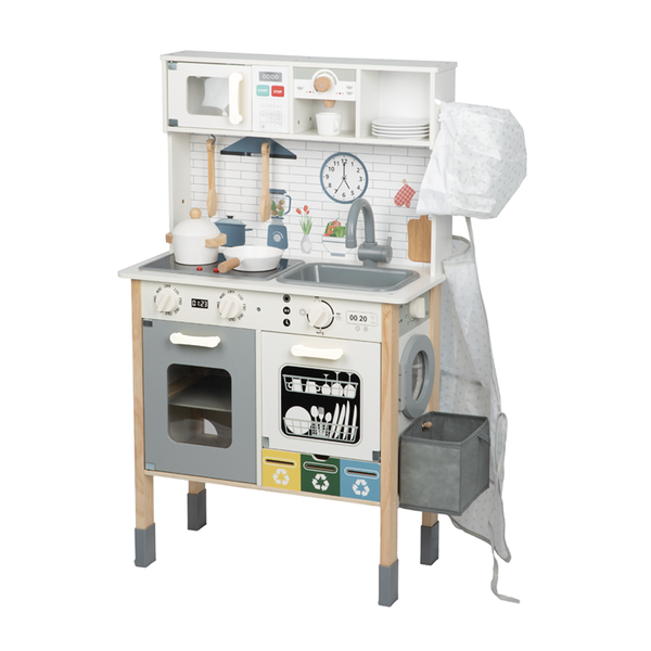 Multi-functional Wooden Kitchen Toys White Cooking Food Garbage Sorting with Blackboard Pretend Play Set