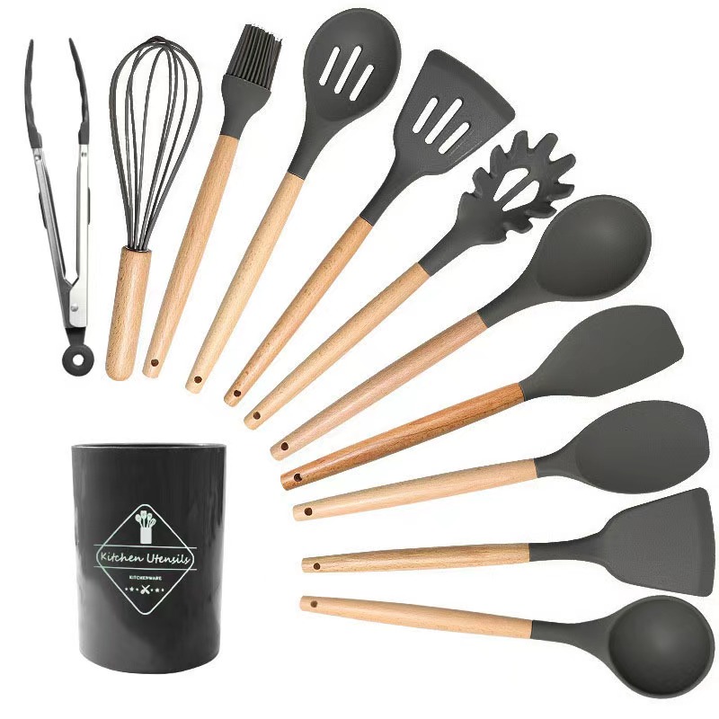 Yiwu Can Kitchen Household Goods Co., Ltd. Can Kitchen 12pcs Non-Stick Silicone Cooking Utensils Set Wooden Handle Kitchen Cooking Utensils Set