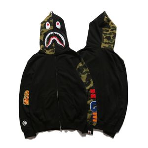 High Quality Black Splicing Camouflage Sleeve Cotton  Oversized Sweatshirt Full Zip Up Logo Shark Men's Bapees Camo Hoodie 2024