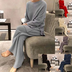 fall Best selling women clothing ladies long sleeve solid color knitted casual two piece women's sets knitted sweater