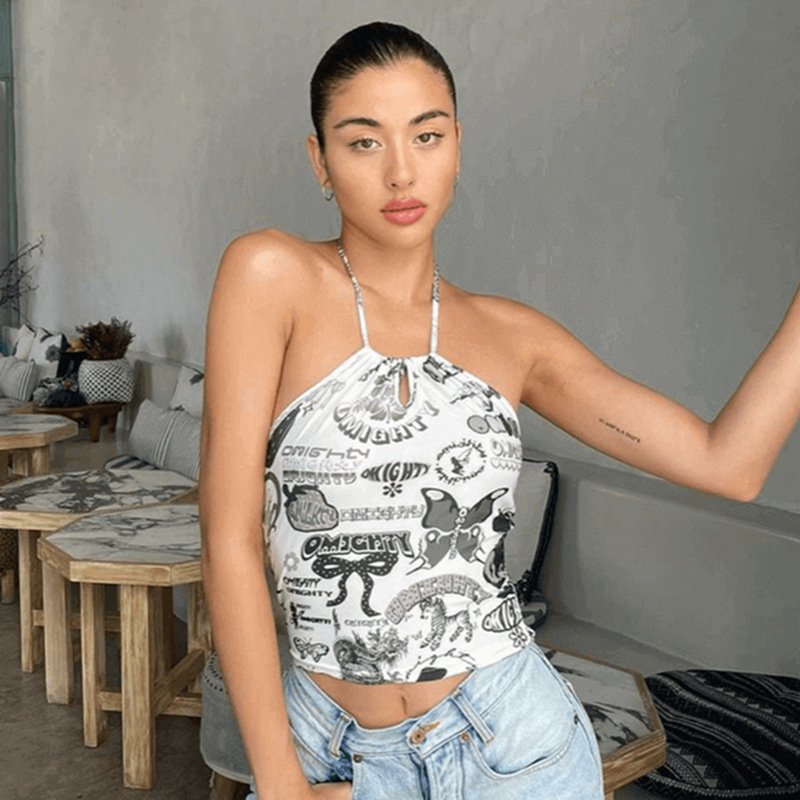 Fuzhou Reliable E-Commerce Co., Ltd. 2024 Summer Fashion Sweet Backless Hollow Cartoon Graphic Print Sleeveless Halter Crop Top Vest