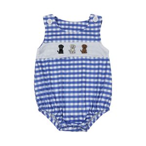 Western boys clothes rompers suit blue plaid dogs sleeveless baby boy romper suit boutique suit low price clothes