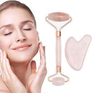 Home Gemstone Facial Massage Roller Rodillo De Face Lifting Massager Rose Pink Quartz Stone Jade Facial Roller And Gua Sha Set