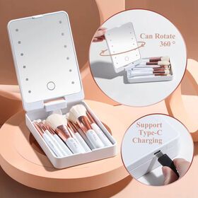 Wholesales travel LED light mirror makeup brush set cosmetic tool high quality 14 pcs portable makeup brush set with mirror