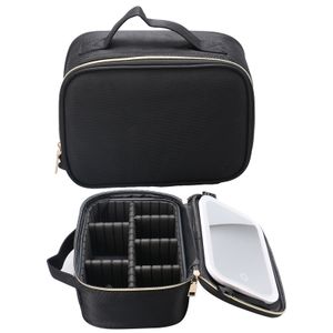 Desktop Cosmetic Storage Box Waterproof PU Leather Travel Portable Makeup Bag Case With Led Light Up Mirror
