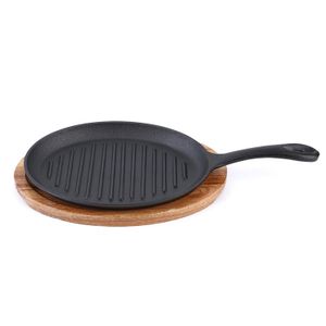 Wholesale Fry Grill Pan Cast Iron Sizzling Fajita Steak Plate Pans With Wooden Tray Base