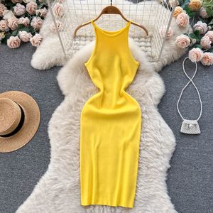 Summer Sleeveless Solid Knitting Casual Dress Women High Waist Midi Spaghetti Slip Dress Ladies Elegant Dresses Clothes Women