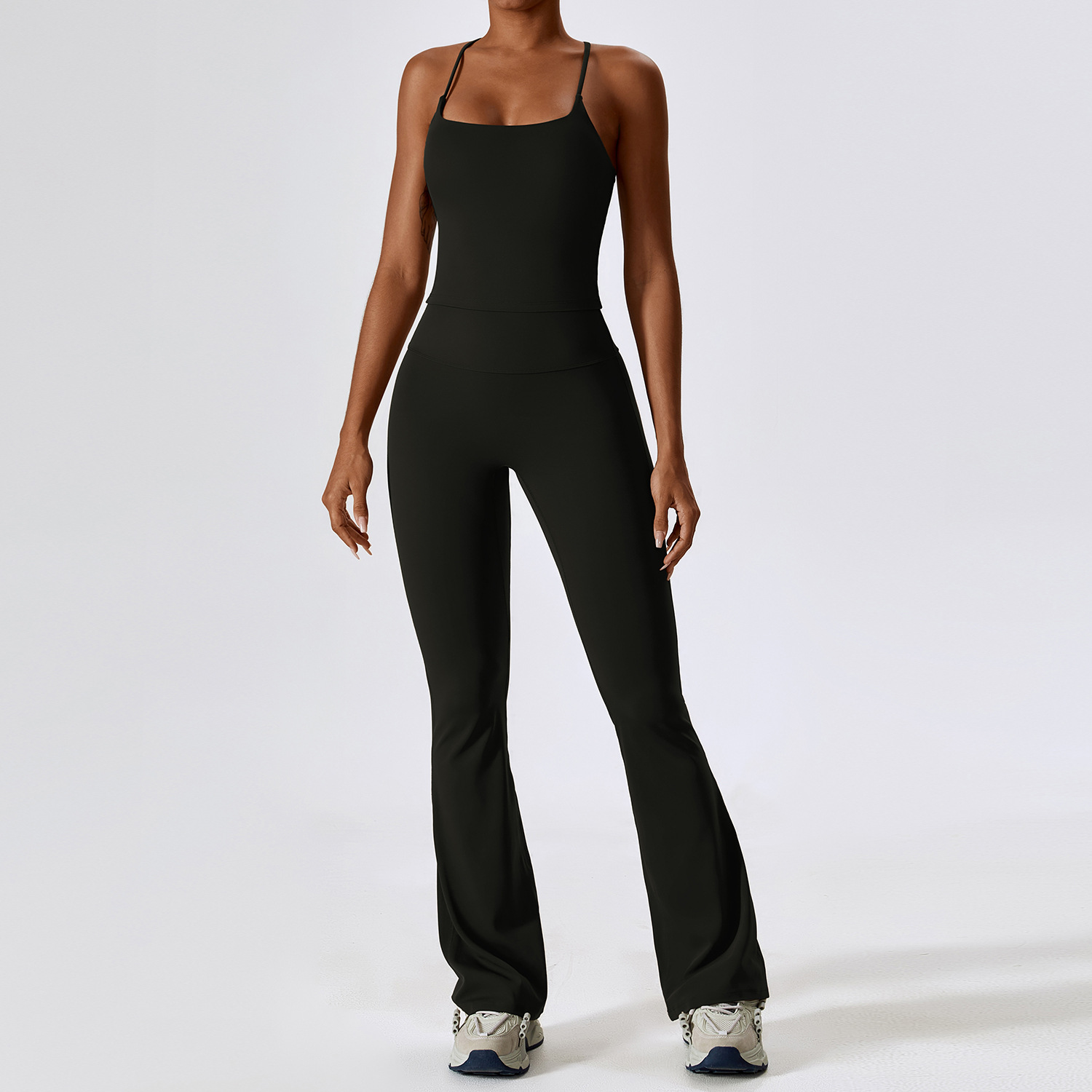 Women strap sports bra camisole tank crop top tight flare leggings gym fitness sets