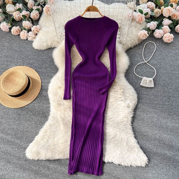 2024 Wholesale Long Sleeve O-Neck Solid A-Line Dress Autumn Simple High Waist Midi Dress Ladies Elegant Dresses Clothes Women