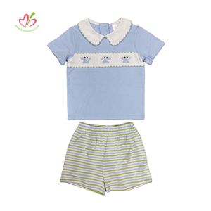 wholesale manufacturer smocked boy set customized embroidery boys top and shorts two pieces set peter pan collar boy's outfits