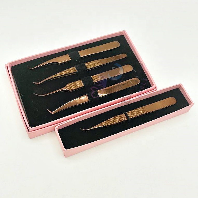 LUCKY LASH TOOLS 75 Degree Curved and 90 angle and boot shape eyelash extension tweezer rose gold color tweezers for eyelash extension lash tools