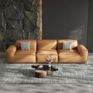 Manufacturer Direct Sale Italian Minimalist Big Black Cow Leather Sofa Living Room Straight Row Three-Seater Tofu Block Sofa