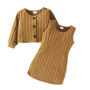 Wholesale Popular Autumn Winter Kids Knitted Suits Cardigan+Sleeveless Dress 2pcs Casual Girl Clothes Sets