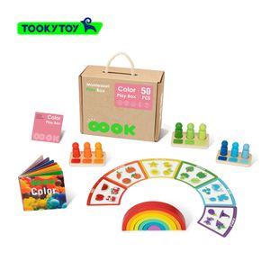 Montessori Color Play Set Wooden Stacking Toy Rainbow Color Recognition Book Educational Box for Kids